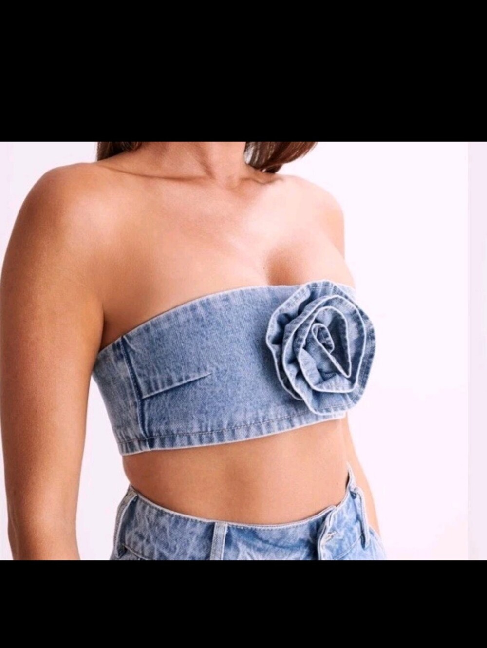 Meshki Samantha Rose Denim Bandeau Tube Top Mid Blue Rosette Boho Concert S NWT